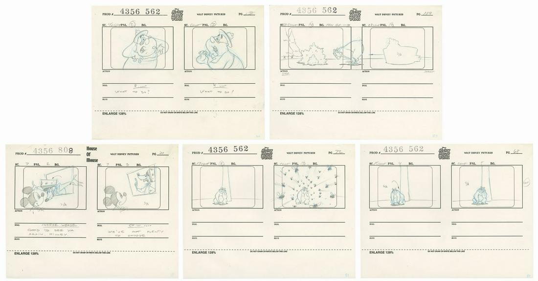 Mickey Mouse Works & House of Mouse Storyboards.: (Disney, c.2000) A collection of (5) storyboard sheets created during the development of Mickey Mouse Works and House of Mouse. Mickey Mouse Works was an animated television show featuring Mickey and