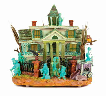 Haunted Mansion Light-Up House.: (Disneyland, 2002) A light-up fiber optic model of the Haunted Mansion. The model is battery-operated with trees and windows that light up or glow. The model measures approximately 8"x8" and 6" tall.