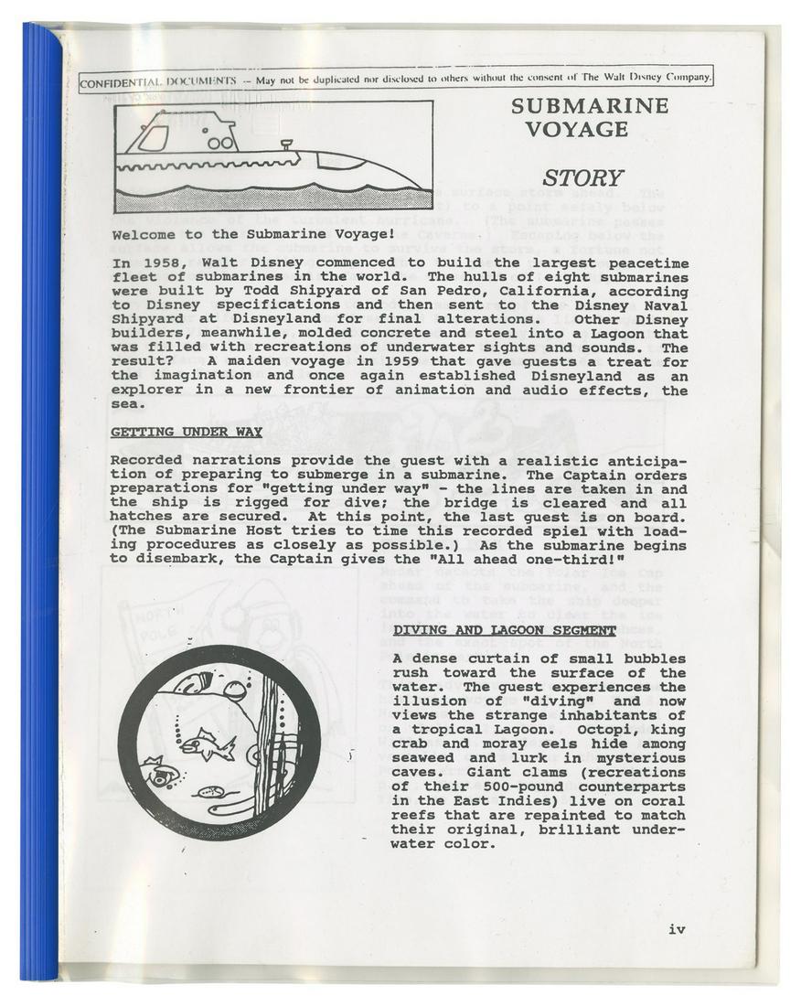 Submarine Voyage Internal Attraction Manual.: (Disneyland, c.1990s) A manual for the Submarine Voyage attraction which was intended for internal use only. The manual details the story and history of the attraction as well as fact and figures and 