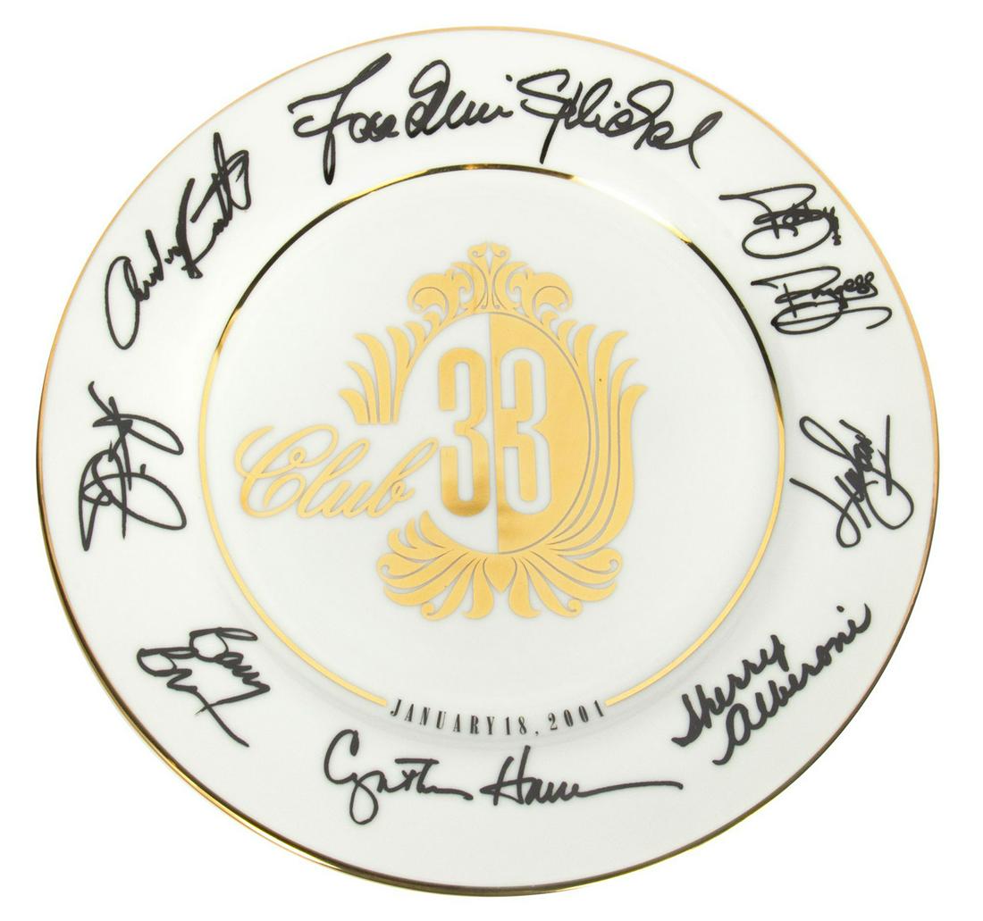 California Adventure Club 33 Sneak Preview Plate.: (Disneyland, 2001) A limited edition plate from a sneak preview event for Club 33 members to view California Adventure on January 18, 2001. The plate features a golden Club 33 logo the surface with a 