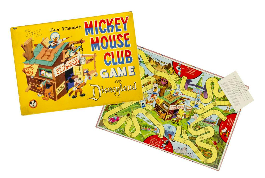 Mickey Mouse Club Game in Disneyland.: (Disneyland, 1955) A vintage Mickey Mouse Club board game in its original box. The game appears to be complete with its original game board, die, instructions, and 4 character player pieces. The box m