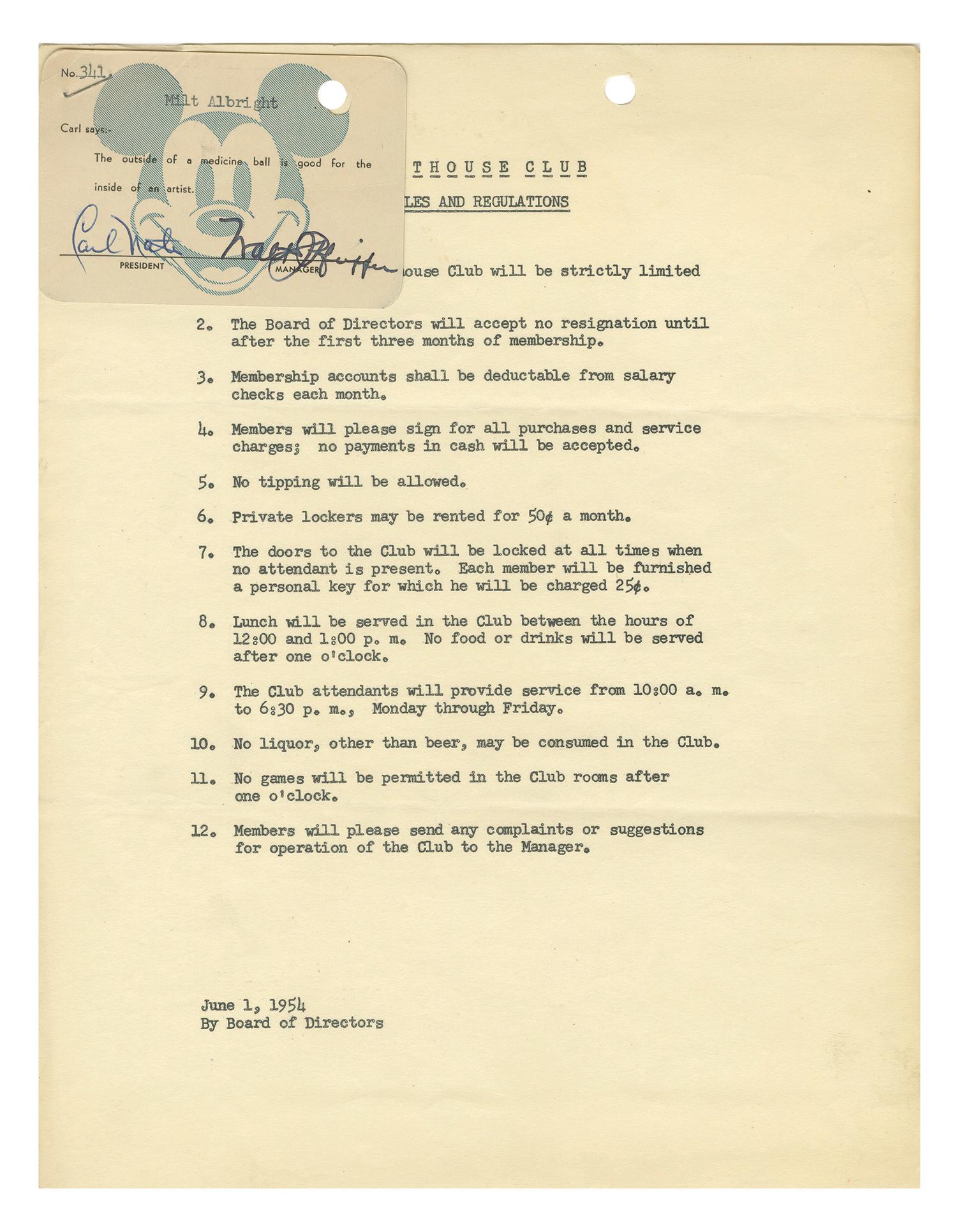Penthouse Club Rules & Membership Card.: (Disney, 1954) Disney Legend Milt Albright's personal membership card and list of club rules for the Walt Disney Studios' Penthouse Club. The Penthouse Club was a clubhouse and gym open to the men of