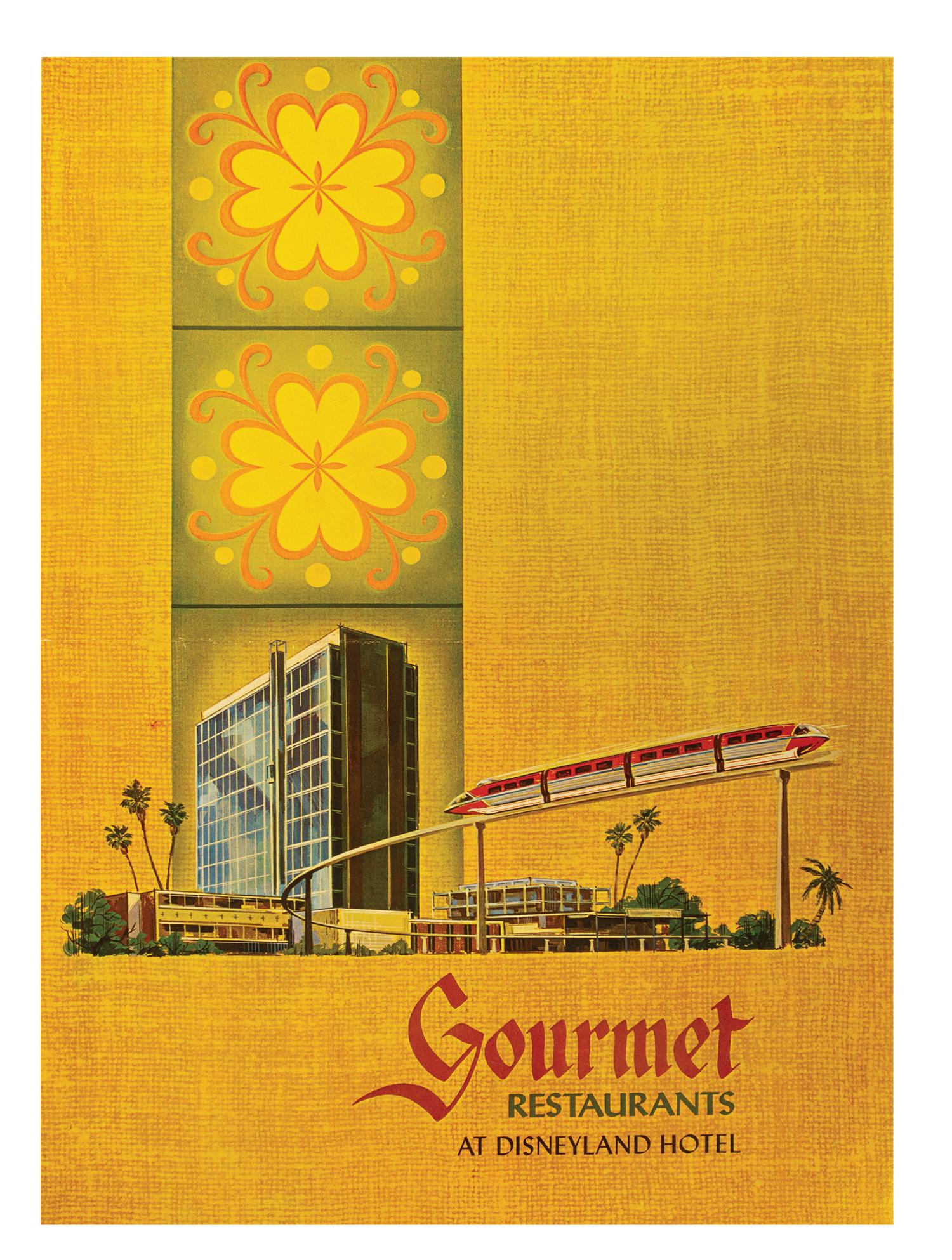 Disneyland Hotel Restaurant by Gourmet Menu.: (Disneyland Hotel, 1966) An original menu from the Disneyland Hotel Restaurant by Gourmet. The front of the menu features imagery of the hotel and the Monorail, while the reverse lists the lunch optio