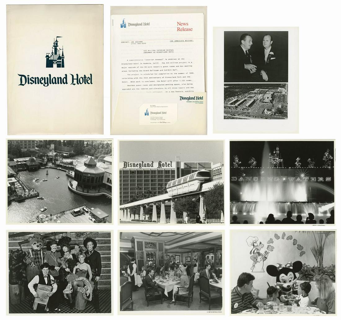 Disneyland Hotel Press Packet.: (Disneyland Hotel, 1989) A rare press packet for the Disneyland Hotel. The packet contains (6) press stories relating to the hotel, its $35 million renovation, and the 35th anniversary in 1990. Also i