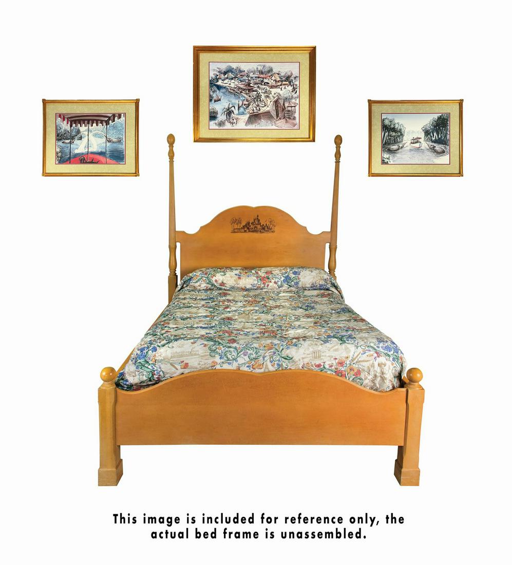 Disneyland Hotel Bed Frame & Room Decor.: (Disneyland Hotel, 2000s) An original king size bed frame and (3) framed concept art prints from a room at the Disneyland Hotel. This style of furniture was used in the Disneyland Hotel between 2001-2