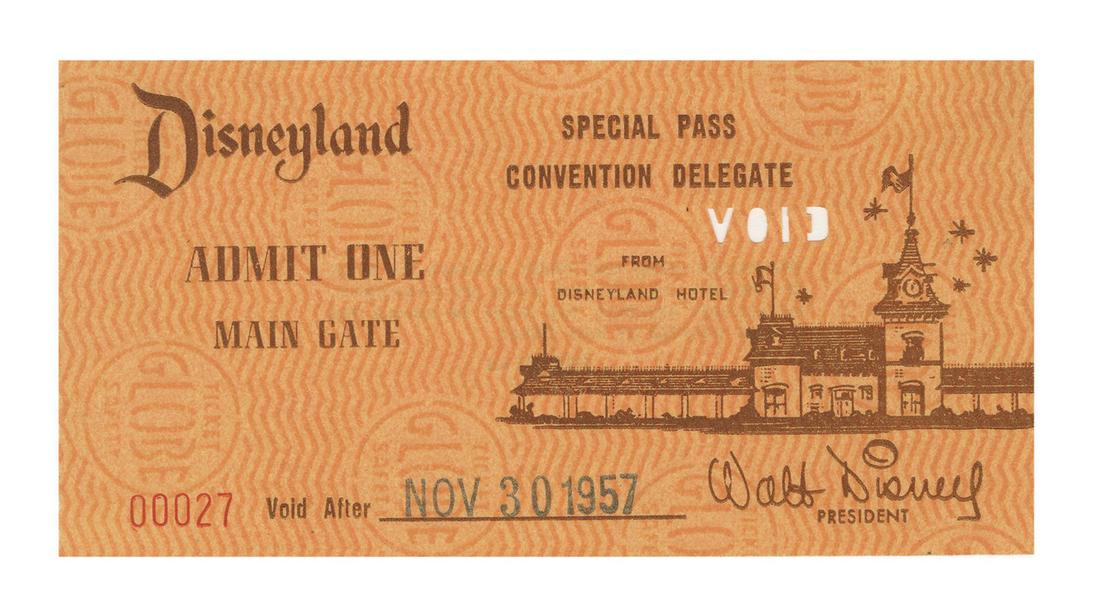 Disneyland Special Pass Admission Ticket.: (Disneyland, 1957) An extremely rare Disneyland Main Gate admission ticket marked as a "special pass." Given to Convention Delegates from the Disneyland Hotel, this ticket has been voided with a punch