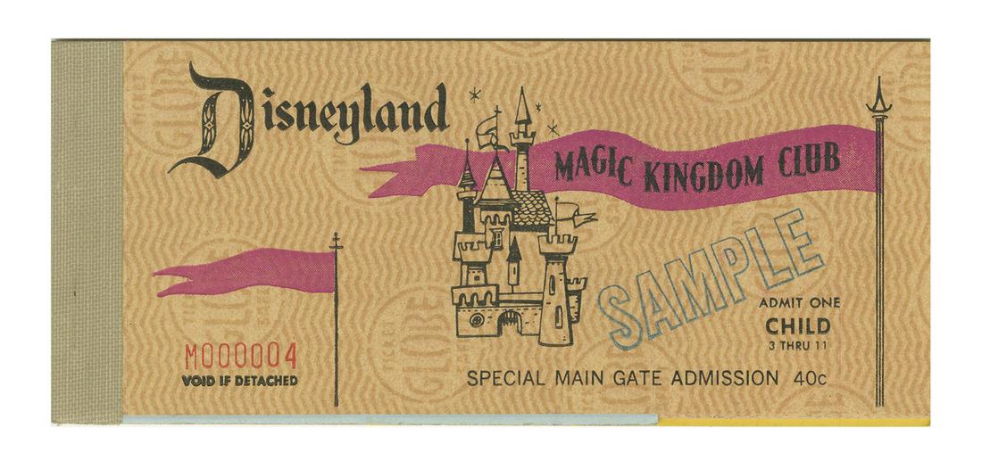 Magic Kingdom Club Sample Ticket Book.: (Disneyland, c.1960) A sample child's Disneyland ticket book from the Magic Kingdom Club. Being a sample, the ticket book has a very low serial number of "M000004" and the word "sample" stamped on eac
