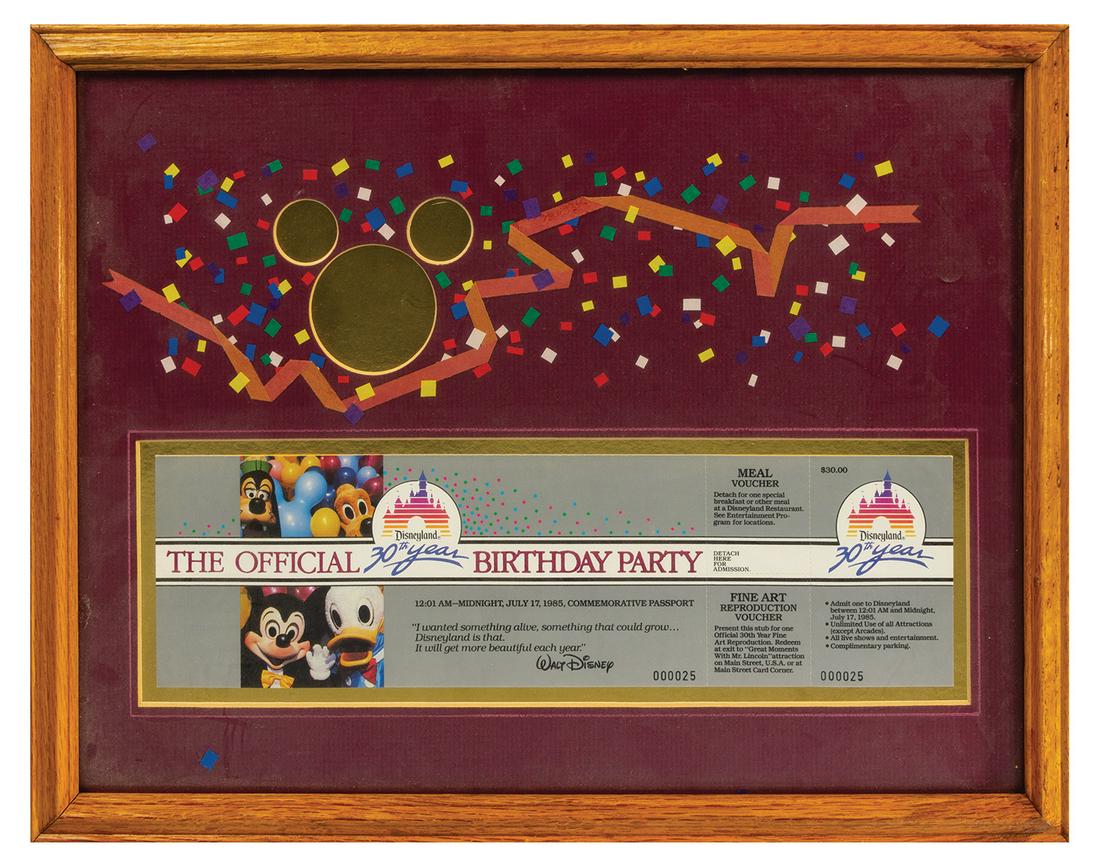 30th Anniversary Framed Passport.: (Disneyland, 1985) An unused commemorative passport for Disneyland's 30th anniversary celebration. The passport still retains its park admission stub, meal voucher, and fine art reproduction voucher.