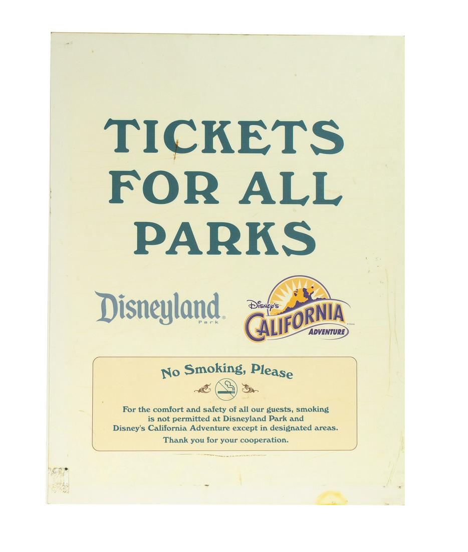 Disneyland Resort Ticket Booth Sign.: (Disneyland, c.2001) An original ticket booth sign from the Disneyland Resort. The sign was used to promote ticket sales for both Disneyland and the newly opened California Adventure. The sign is prin