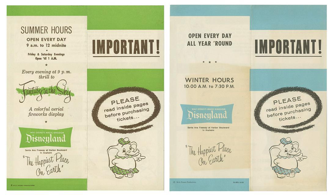 Pair of Disneyland Summer & Winter Hours Ticket Flyers.: (Disneyland, 1957/58) A pair of ticket flyers promoting the winter and summer hours for Disneyland. The single fold flyers feature identical imagery of Dumbo promoting the Jumbo package ticket deals t