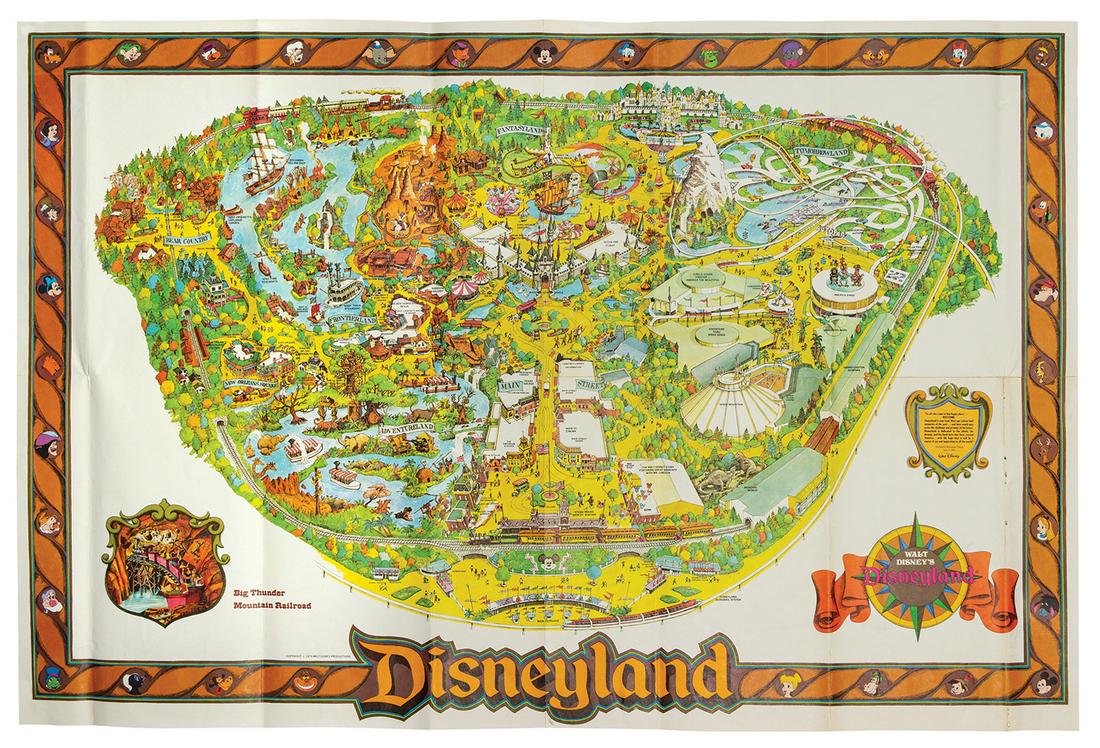 1979 Disneyland Souvenir Map.: (Disneyland, 1979) A large souvenir map of Disneyland from 1979. The map features an advertisement for the newly opened Big Thunder Mountain Railroad in the lower-left corner and measures 29.5"x43.75"