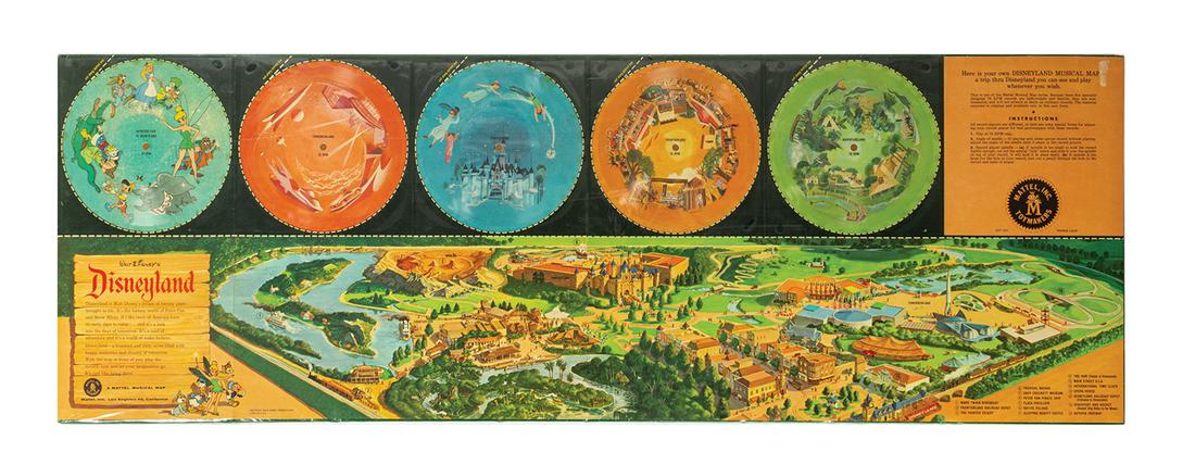 "Your Trip to Disneyland" Souvenir Record Map.: (Disneyland, 1955) An illustrated "Your Trip to Disneyland" map and record set created by Mattel. It includes five souvenir records with music themed after each of Disneyland's original lands. The rec