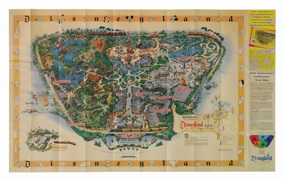 45th Anniversary 1958-A Map Reproduction.: (Disneyland, 2000) A reproduction of the 1958-A Disneyland souvenir map by Imagineer Sam McKim, that was created for the park's milestone 45th anniversary. The map measures 24"x39" and is in very good