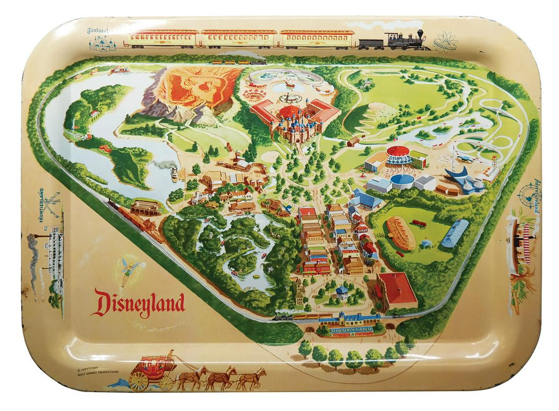 Disneyland Map Tin Tray.: (Disneyland, 1955) A beautiful tin-litho tray featuring an early Disneyland map illustration. Several attractions are represented around the border including the Disneyland Railroad, Jungle Cruise, an