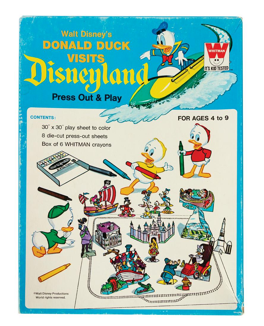 Donald Duck Visits Disneyland Activity Kit.: (Disneyland, c.1969) A "Donald Duck Visits Disneyland" activity kit by Whitman Publishing. The kit includes a 30"x30" play sheet to color, (8) die-cut press-out sheets, and a box of (6) Whitman crayon
