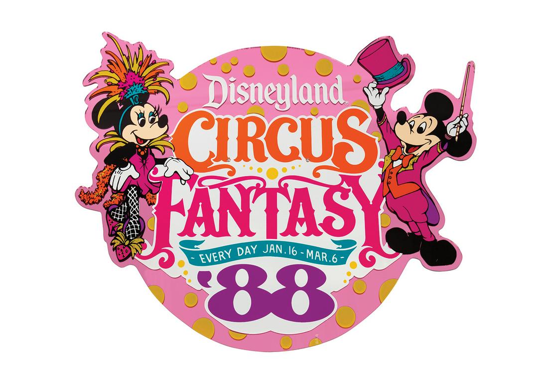 Circus Fantasy Lamppost Sign.: (Disneyland, 1988) A mirror-backed lamppost sign of Mickey and Minnie from Disneyland's Circus Fantasy events in 1988. These events sought to draw guests into the park during the off-season with anima