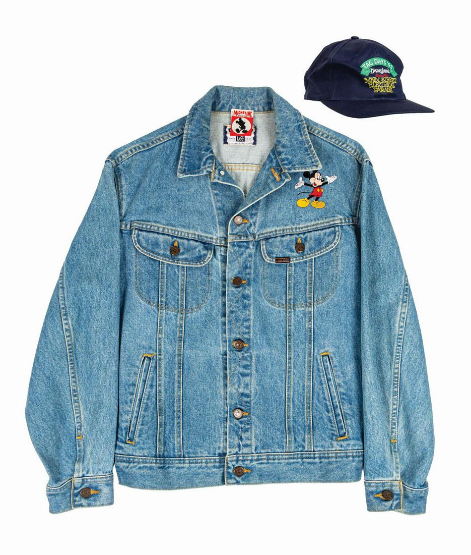 Main Street Electrical Parade Jean Jacket with Hat.: (Disneyland, c.1990s) A jean jacket and baseball cap for the Main Street Electrical Parade. The jacket features embroidery of Mickey on the front and the Main Street Electrical Parade logo on the back