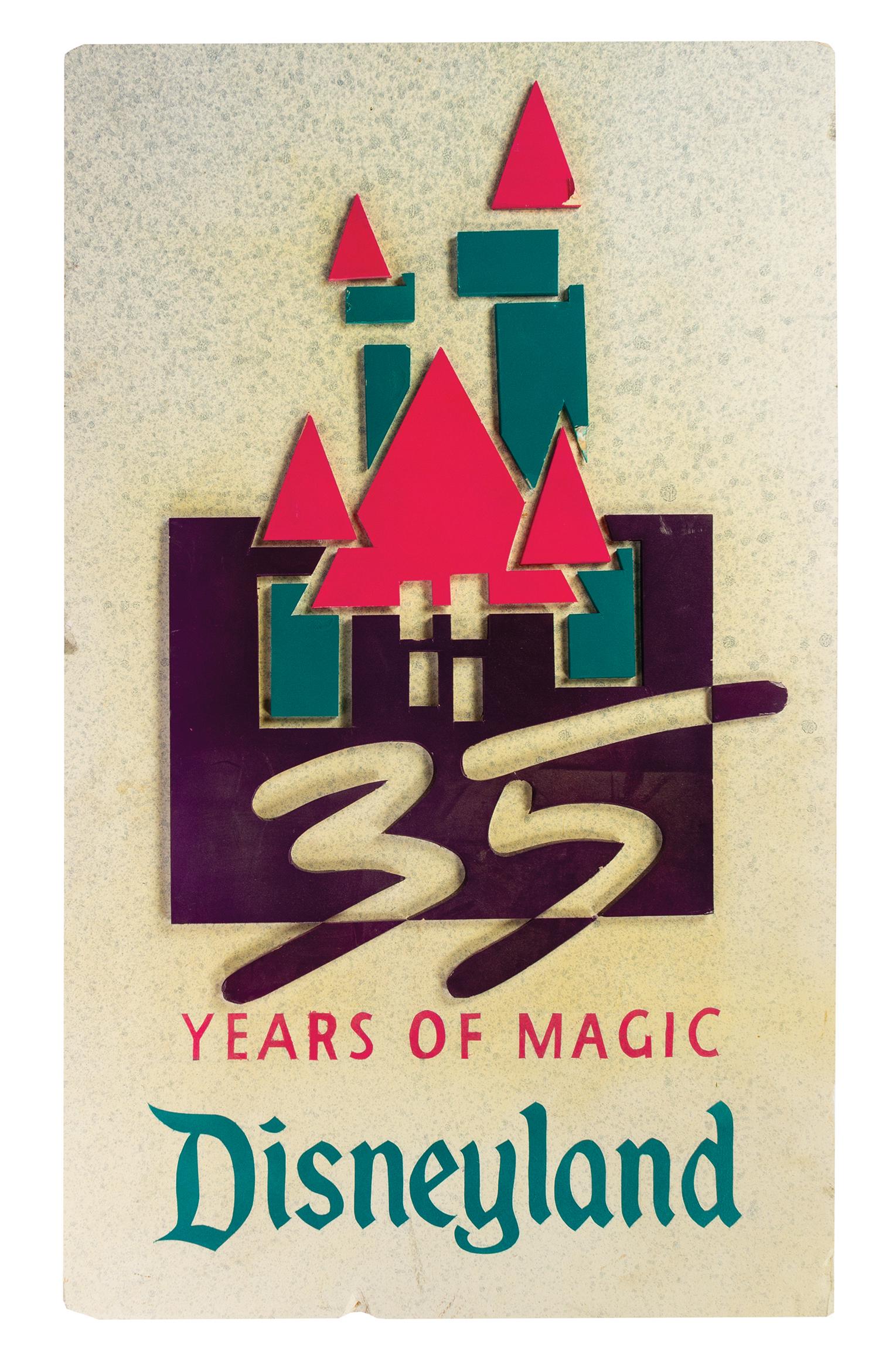Disneyland 35th Anniversary Sign.: (Disneyland, 1990) An original hand-cut and assembled dimensional sign for Disneyland's 35th anniversary. Composed of hand-cut foam with a foam board backing, the sign was used in promotion leading up