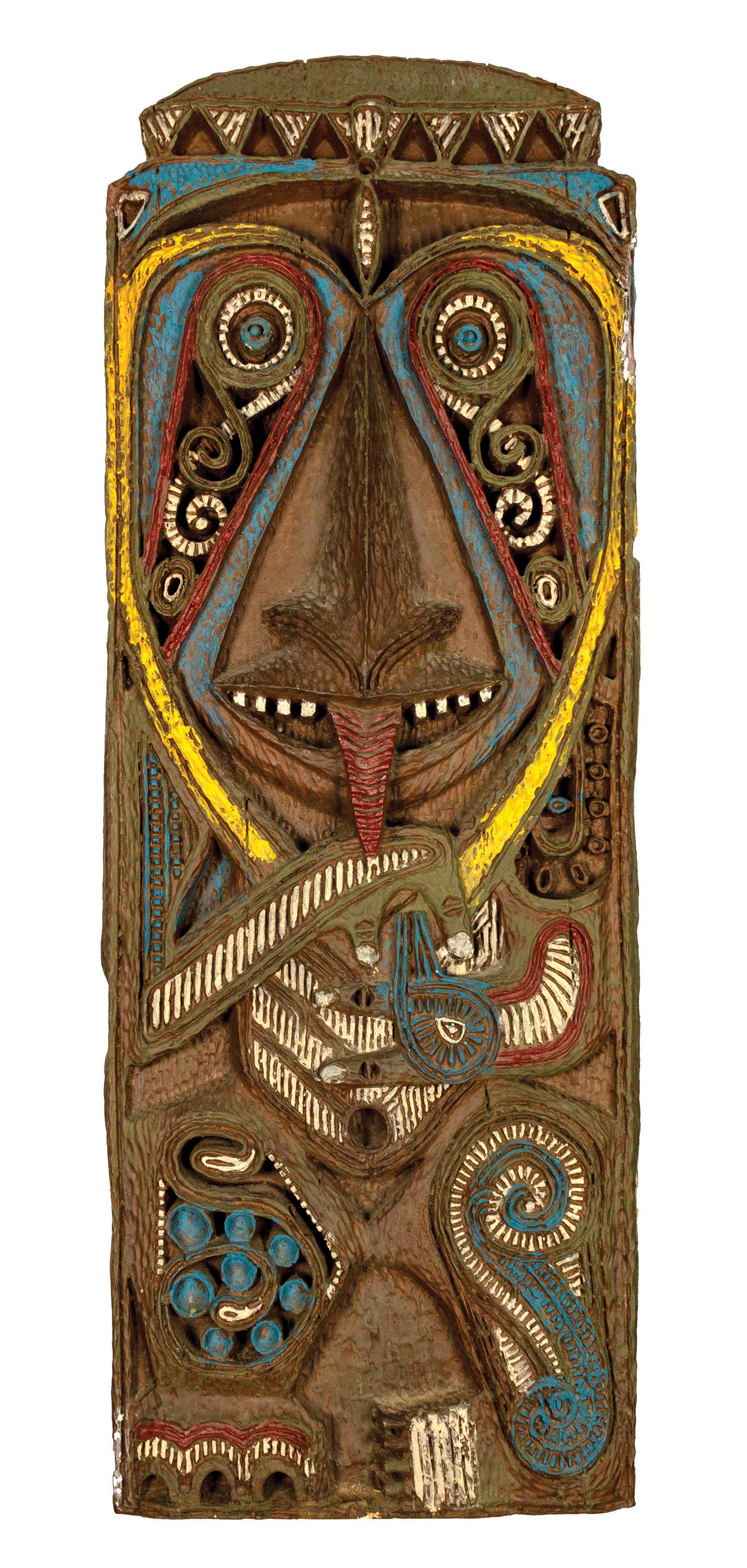 Enchanted Tiki Room Fountain Shield Prop.: (Disneyland, c.1980s) A hand-painted fountain shield prop from Walt Disney's Enchanted Tiki Room. This type of shield, designed by Imagineer Rolly Crump, is an iconic part of the attraction's experien