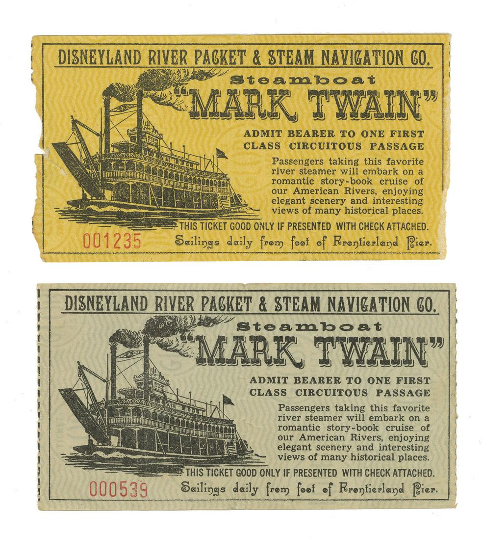 Pair of Mark Twain Admission Tickets.: (Disneyland, 1955) A pair of admission tickets to the Mark Twain streamboat. The pair includes the yellow and grey variants, with grey being among the rarest colors for this gorgeous ticket. The ticke