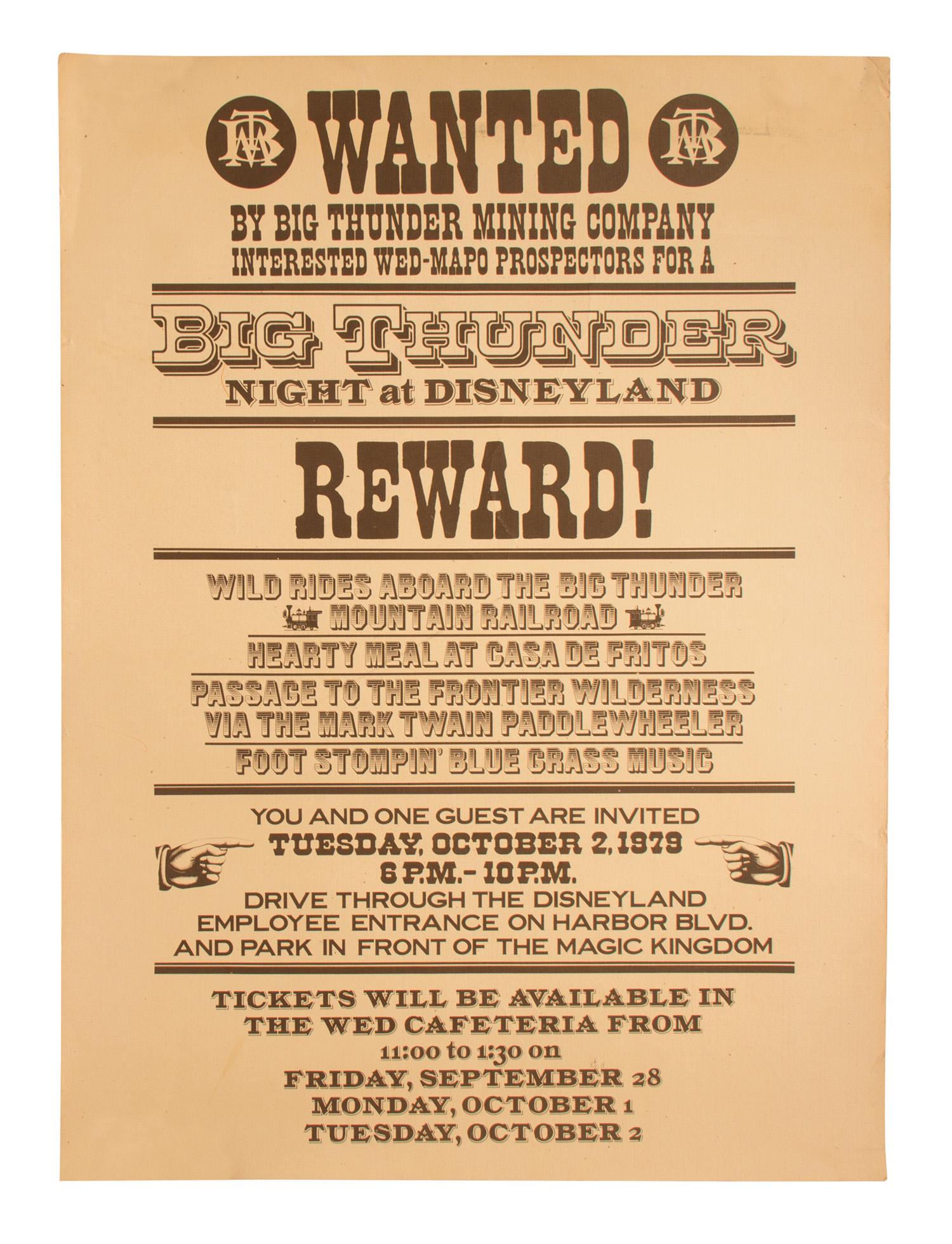 "Big Thunder Night at Disneyland" Imagineering Poster.: (Disneyland, 1979) A scarce poster created to advertise "Big Thunder Night at Disneyland" for WED-Mapo Imagineers and their families. The event was held on October 2, 1979 and included rides on the ne