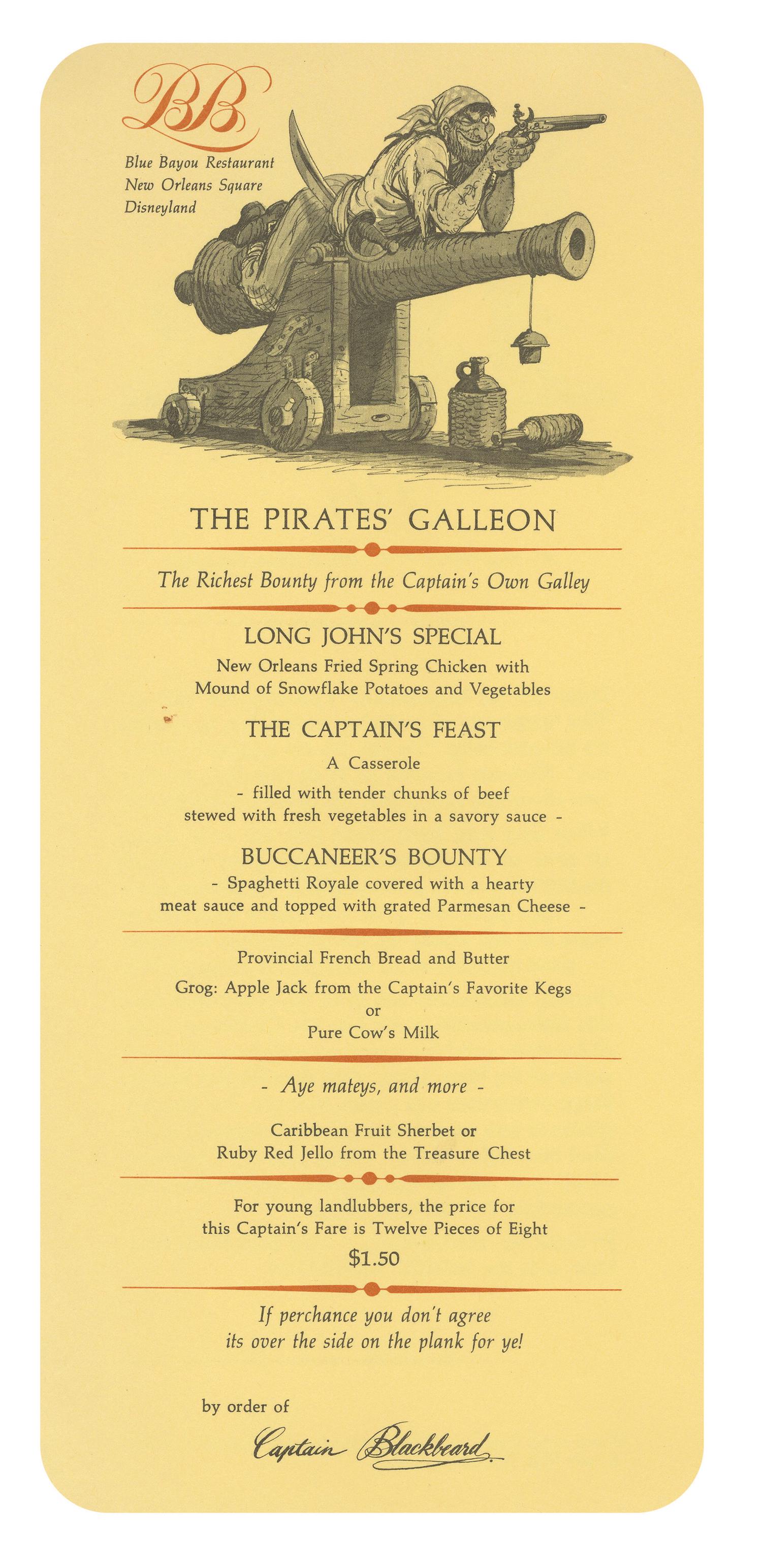 Blue Bayou Opening Year Children's Menu.: (Disneyland, 1967) A child's menu from the opening year of the Blue Bayou restaurant. Featuring an amusing illustration based on Pirates of the Caribbean above the food options, the menu measures 11"x