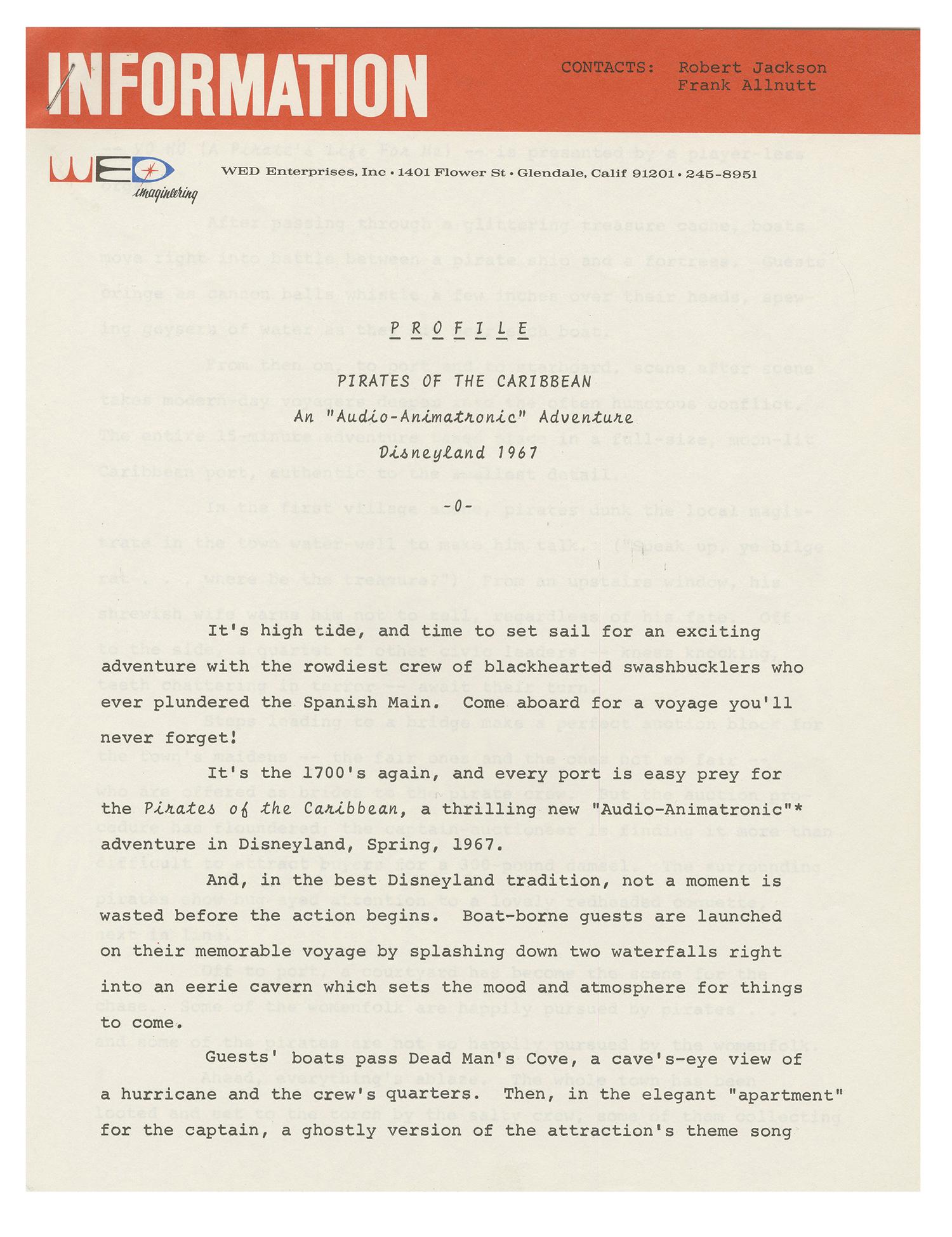Pirates of the Caribbean Opening WED Press Release.: (Disneyland, 1967) A typed press release prepared by WED Imagineering for the grand opening of the Pirates of the Caribbean attraction. The press release describes what guests can expect to experience