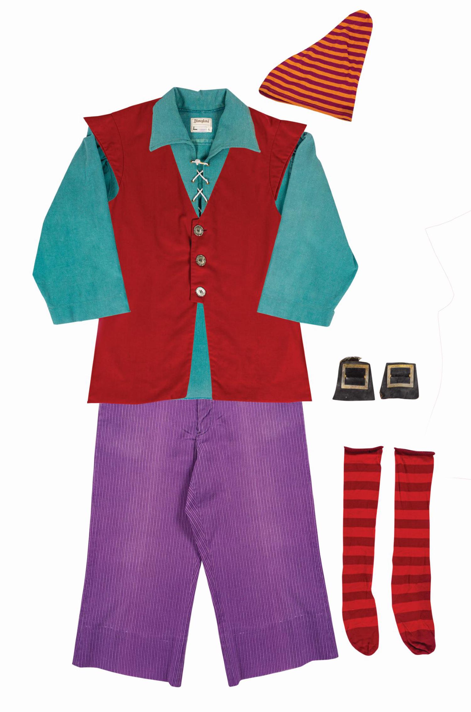 Pirates of the Caribbean Cast Member Costume.: (Disneyland, c.1980s) A rare men's cast member costume from the Pirates of the Caribbean attraction. The costume includes the vest, shirt, pants, belt, shoe buckles, hat, and pair of extra-long socks.