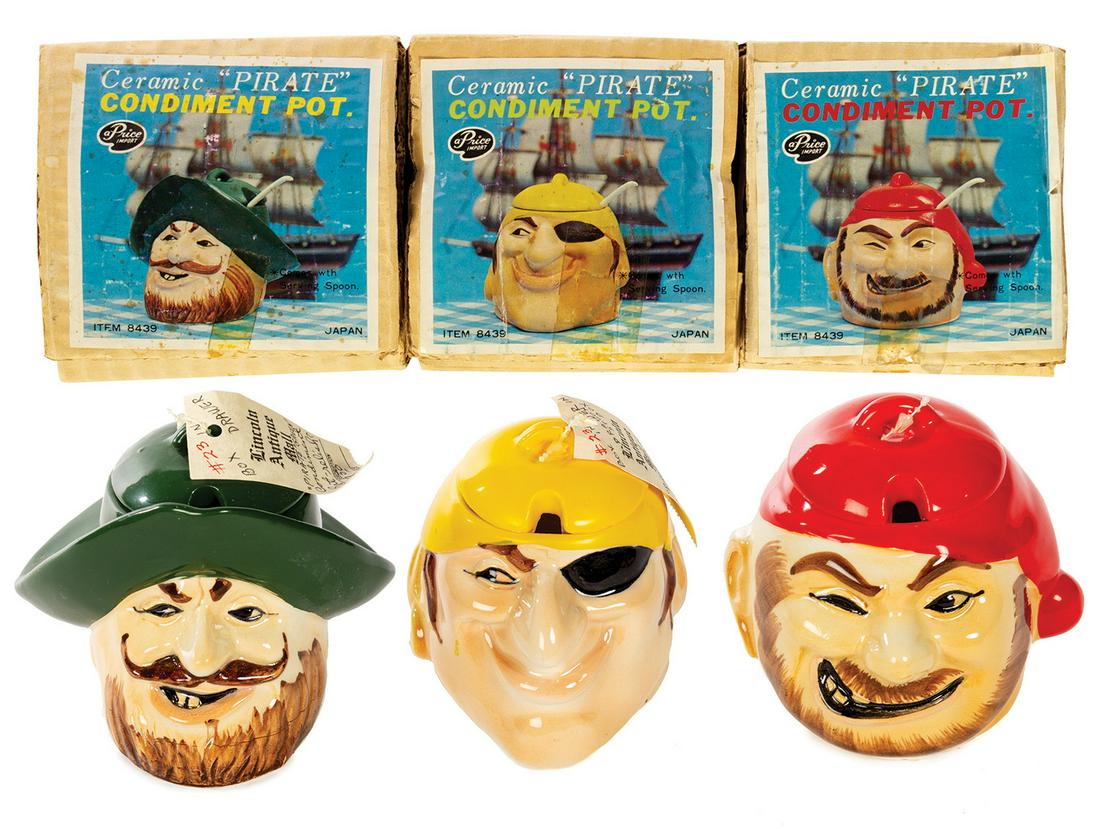 Group of (3) Pirates of the Caribbean Condiment Jars.: (Disneyland, c.1967) A group of (3) hand-painted ceramic condiment jars themed after Disneyland's Pirates of the Caribbean attraction. These pirate jars were popular souvenirs within New Orleans Squar