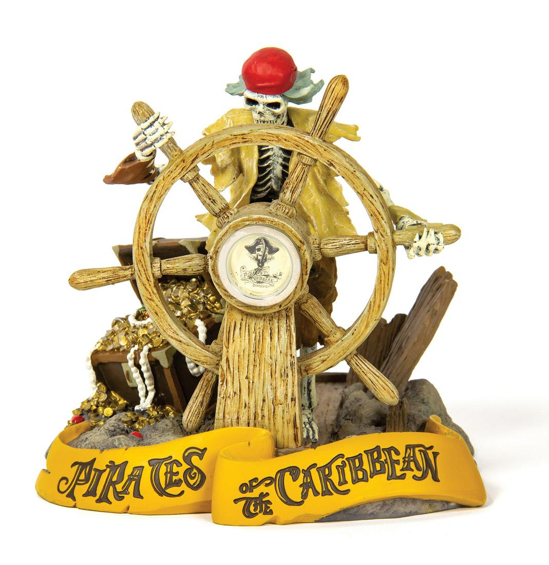 Pirates of the Caribbean Helmsman Clock.: (Disneyland, 2003) A Pirates of the Caribbean skeletal helmsman figure with built in clock. The figure was only sold at a special Pirates of the Caribbean event at Disneyland. Measuring 6"x5.5" and is