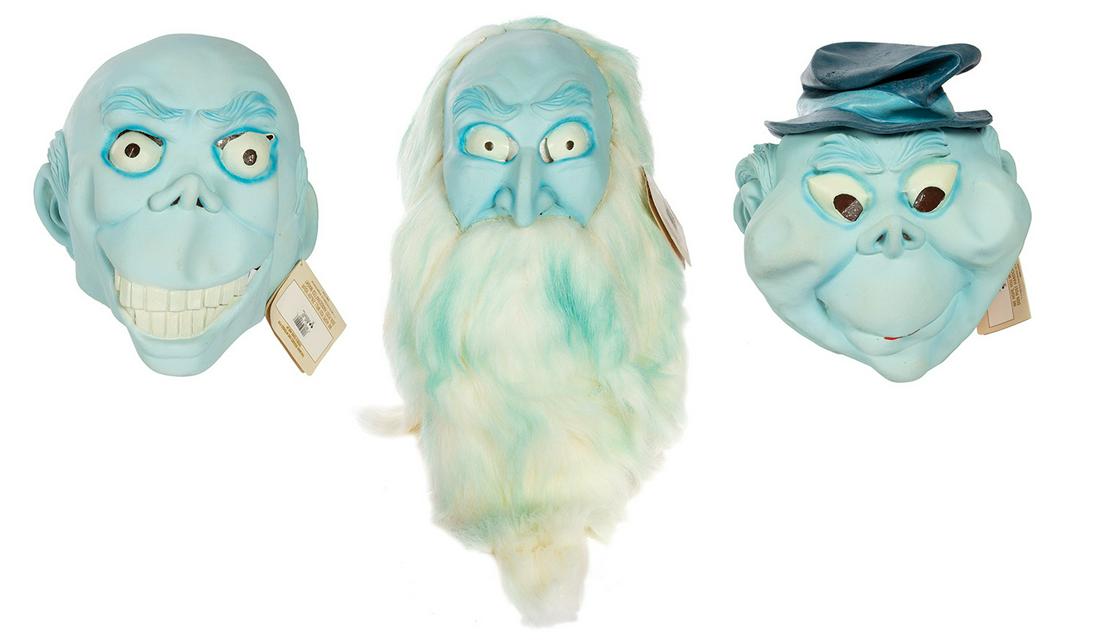 Set of (3) Don Post Hitchhiking Ghosts Masks.: (Don Post, 1992) A set of (3) rare souvenir masks created by Don Post Studios that depict the famous Hitchhiking Ghosts from the Haunted Mansion. The masks are created from latex rubber and are unused