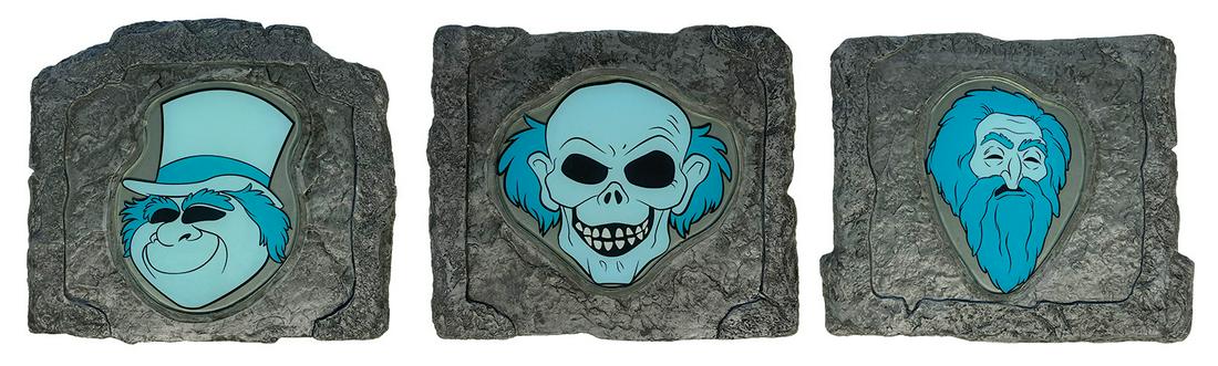 Haunted Mansion Hitchhiking Ghost Stepping Stones.: (Disneyland, c.2007) A very rare set of (3) stepping stones depicting the popular Hitchhiking Ghosts from the Haunted Mansion. These heavy stones feature the images of the ghosts Phineas, Gus, and Ezr