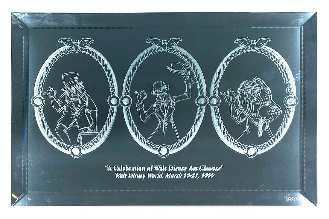 Walt Disney World Haunted Mansion Etched Mirror.: (Walt Disney World, 1999) A limited edition mirror from the "A Celebration of Walt Disney Art Classics" event at Walt Disney World. Featuring etched imagery of the three Hitchhiking Ghosts, the plaque