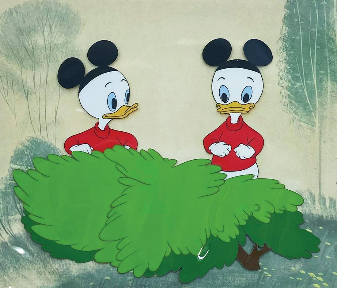 Donald's Nephews Production Cel from the Art Corner.: (Disney, 1960s) An original production cel of Donald's Nephews from a 1960s production, possibly created for the Mickey Mouse Club television show, that includes a cel overlay of a bush. The cel set-u