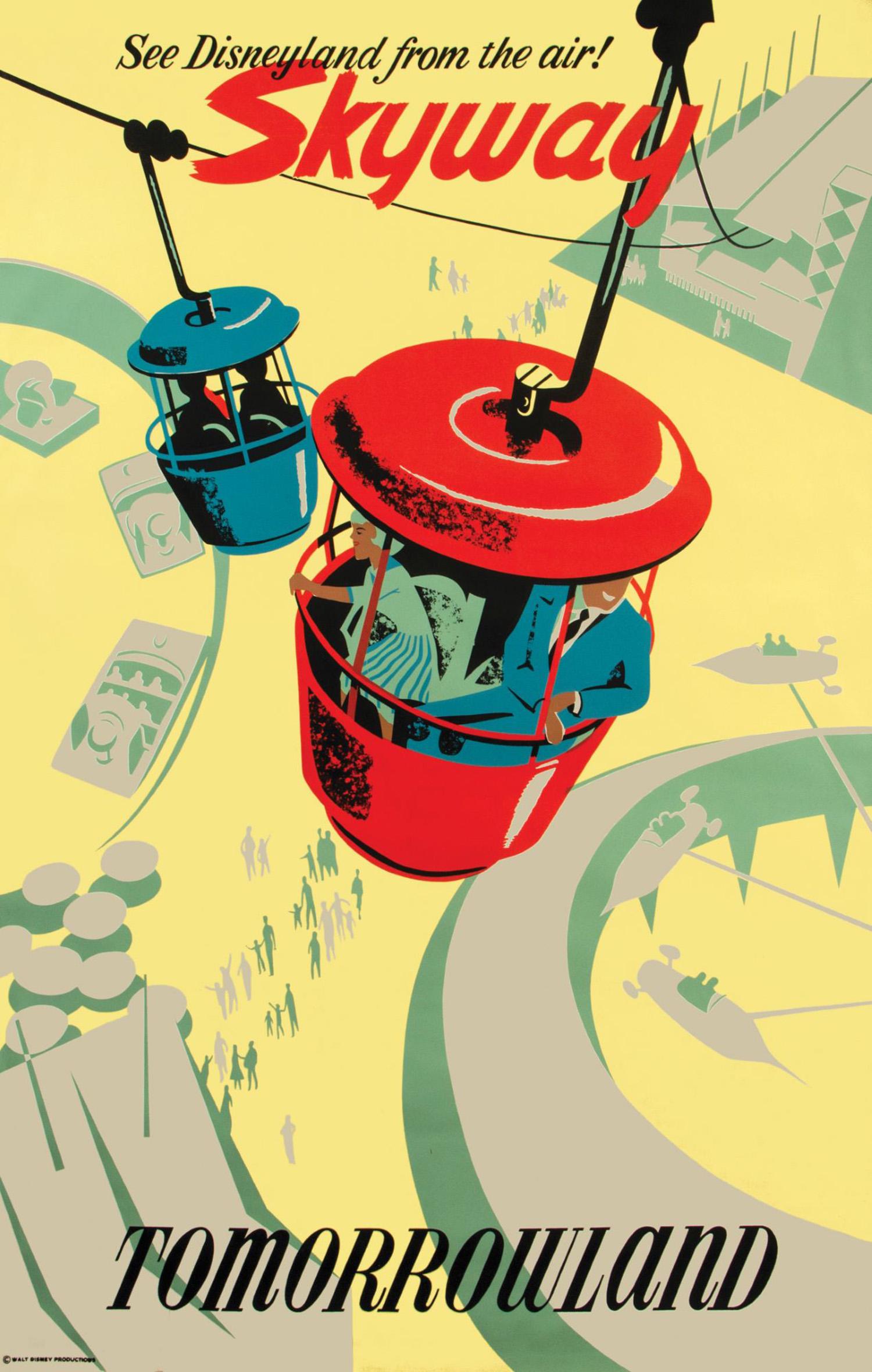 Original Skyway Attraction Poster.: (Disneyland, 1956) A hand-silkscreened attraction poster for the Skyway at Disneyland. Designed by Bjorn Aronson, this poster features the Skyway overlooking several early Tomorrowland landmarks. Meas