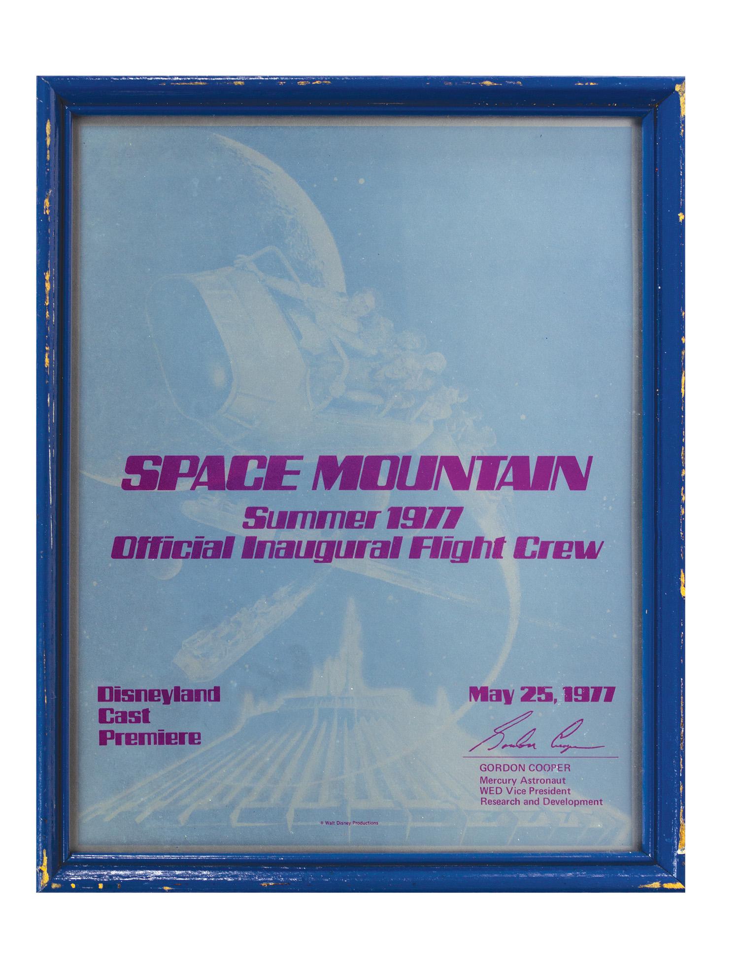 Space Mountain Inaugural Flight Crew Certificate.: (Disneyland, 1977) An original framed certificate from Disneyland's cast member premiere of Space Mountain. Dated May 25, 1977, this plaque was only given to the "Inaugural Flight Crew" and was printe