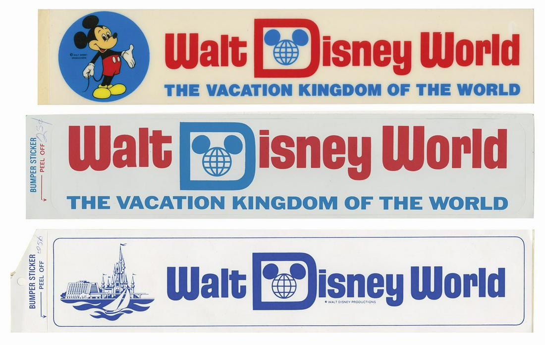 Set of (3) Walt Disney World Bumper Stickers.: (Walt Disney World, c.1970s) A set of (3) early Walt Disney World bumper stickers with variant designs. These bumper stickers include imagery of the park's logo, Mickey Mouse, and Cinderella Castle. E
