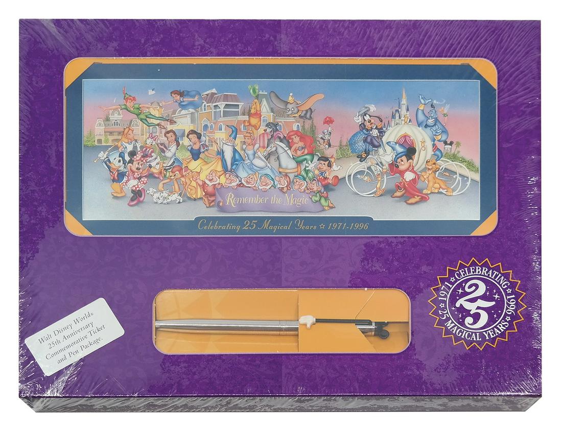 25th Anniversary Commemorative Boxed Ticket.: (Walt Disney World, 1996) A rare unopened boxed ticket celebrating the 25th anniversary of Walt Disney World. The commemorative ticket comes boxed with a Mickey-themed pen, and measures 9"x11.5" and 1