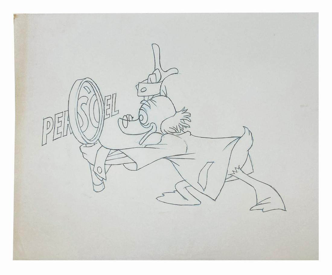 Ludwig Von Drake Cast Member Publication Drawing.: (Walt Disney World, c.1970s-80s) An original drawing of Ludwig Von Drake created by Disney Legend Ralph Kent. The drawing is attributed to an early cast member publication, and is accomplished in blue