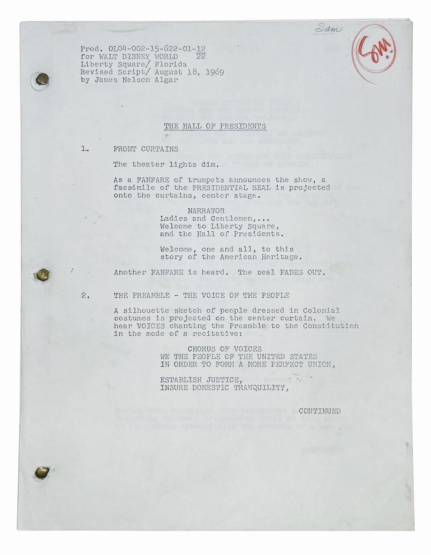 Sam McKim's Hall of Presidents Revised Script.: (Walt Disney World, 1969) A very rare brad-bound revised script for the Hall of Presidents attraction. This pre-opening script was written by Imagineer James Algar and provides a fascinating look into