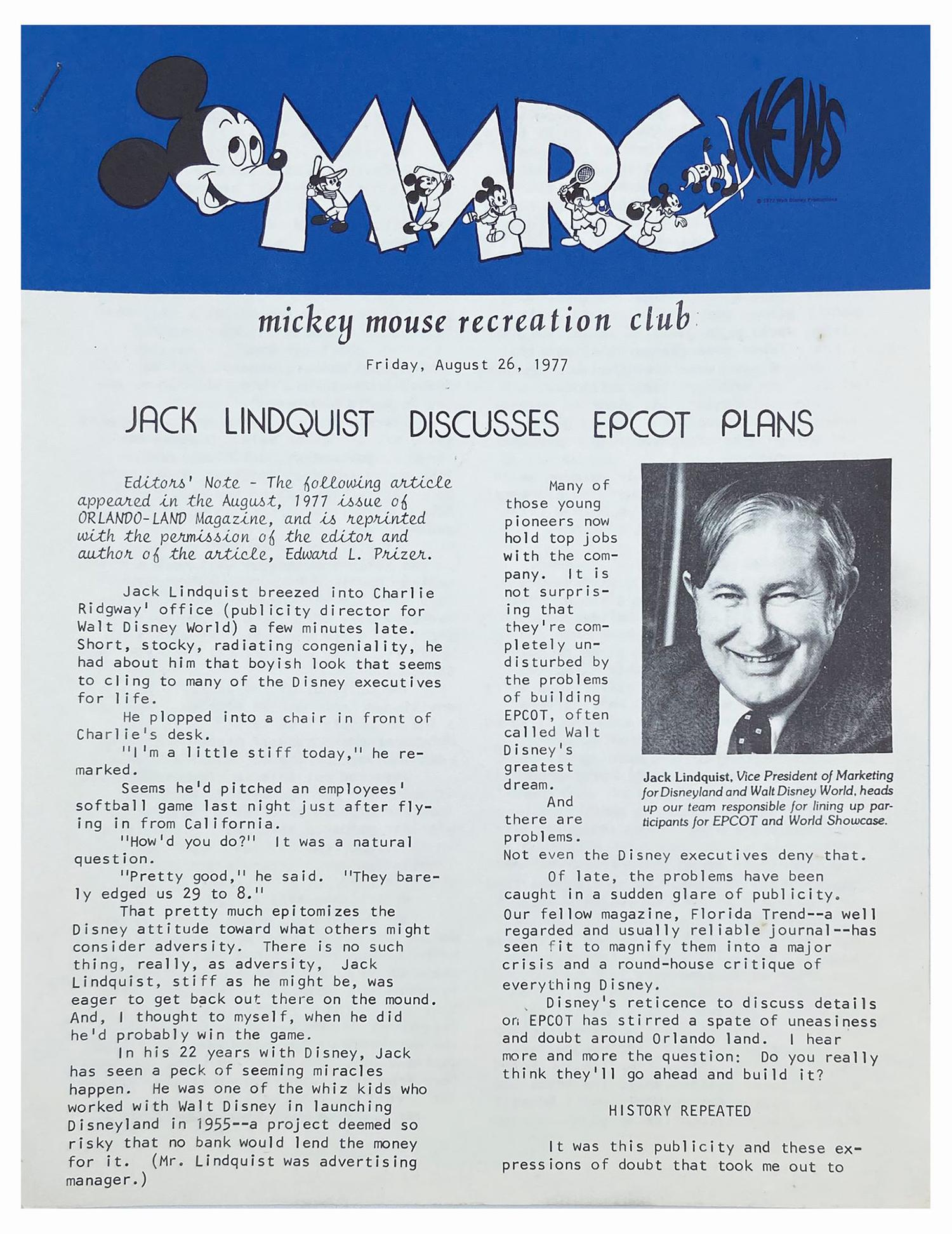 "MMRC News" Epcot Issue.: (Walt Disney World, 1977) A rare issue of Mickey Mouse Recreation Club (MMRC) News. This issue features Jack Lindquist, Vice President of Marketing for Disneyland and Walt Disney World, giving insight