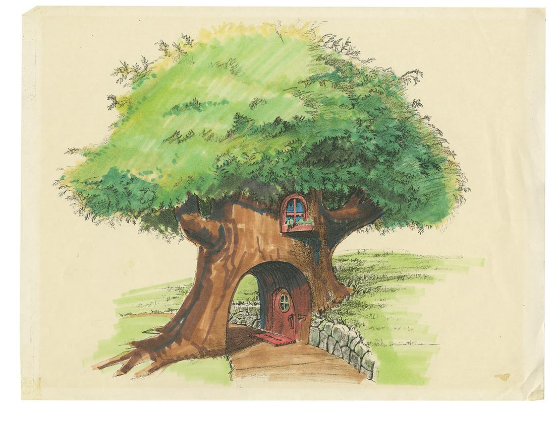 Alice's Curious Labyrinth Hand-Colored Concept.: (Disneyland Paris, c.1992) A very rare hand-colored concept for Alice's Curious Labyrinth at Disneyland Paris. The concept is for a walkthrough treehouse, and is hand-colored over the printed black li