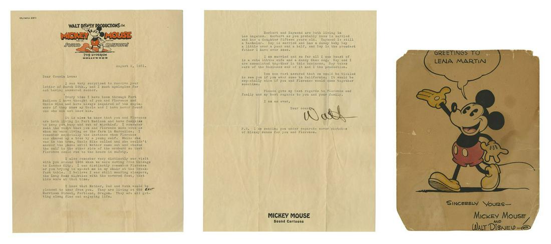 1931 Walt Disney Signed Letter on Studio Stationery.: (Disney, 1931) An extremely rare letter sent by Walt Disney to his cousin Lena on August 6, 1931. This letter was written at an incredibly significant point in Walt Disney's life: three years after th