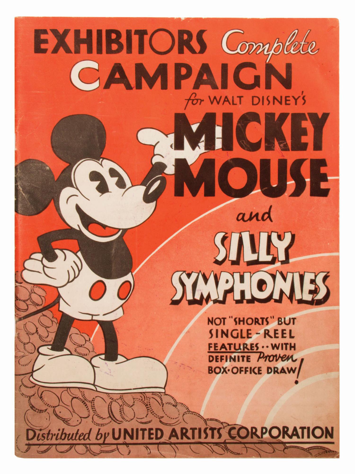 Mickey Mouse & Silly Symphonies Campaign Book.: (Disney, 1932) An extremely rare "Exhibitor's Complete Campaign" book for promoting Mickey Mouse and Silly Symphonies cartoons. This 46-page exhibitor's book has information on very early Mickey Mouse