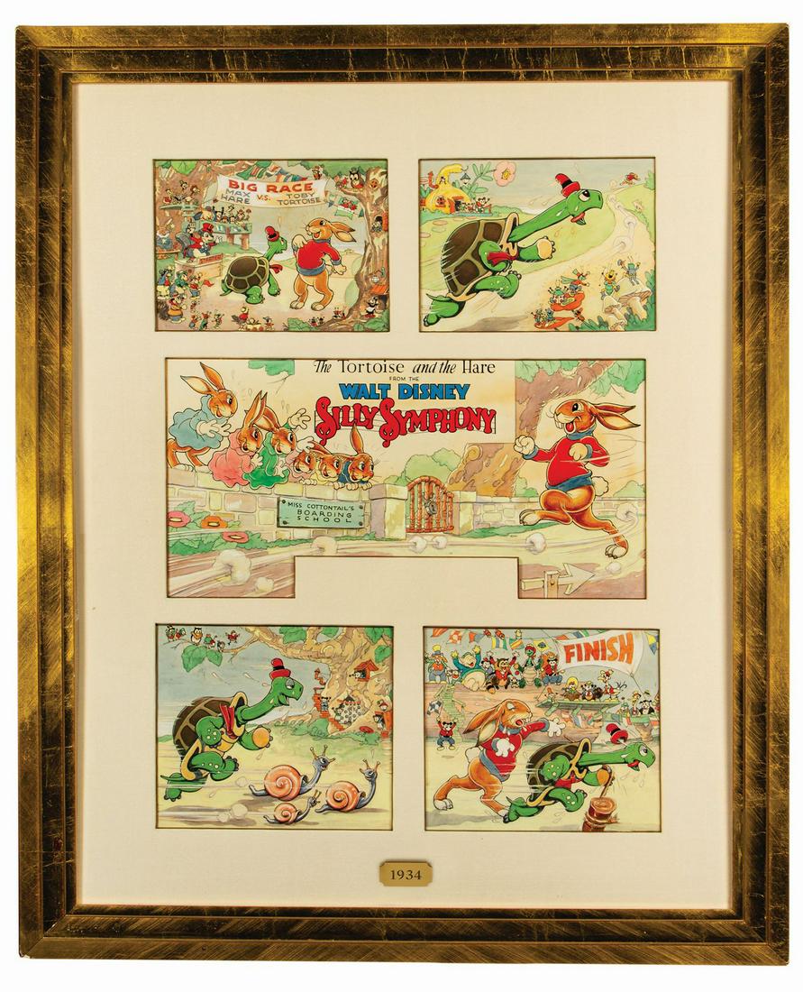The Tortoise and the Hare Good Housekeeping Painting.: (Disney, 1934) This incredibly rare and beautiful original artwork was used for a page in Good Housekeeping Magazine that promoted the Walt Disney Silly Symphony cartoon, The Tortoise and the Hare. In