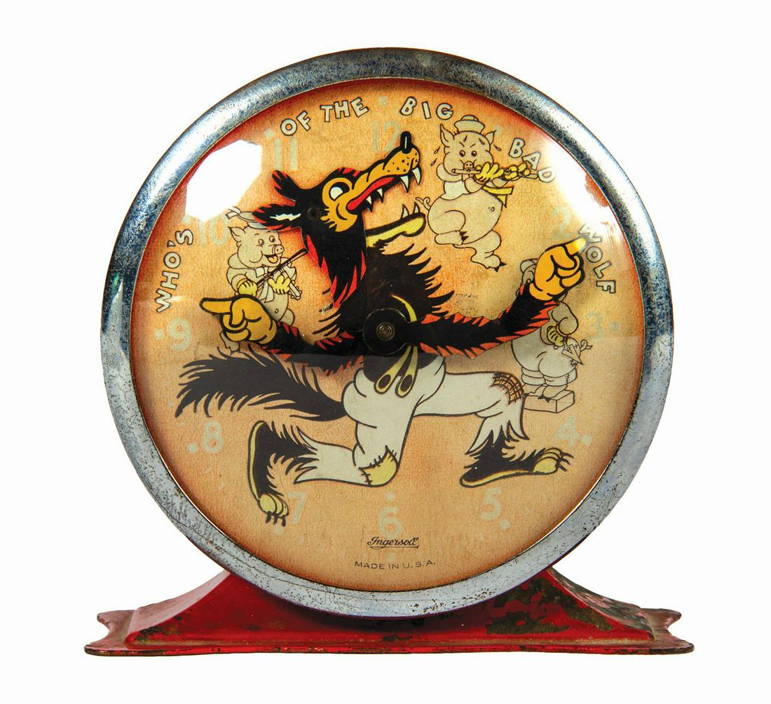 Who's Afraid of the Big Bad Wolf Ingersoll Alarm Clock.: (Ingersoll, 1934) A charming alarm clock by Ingersoll featuring imagery of the Three Little Pigs and the Big Bad Wolf. The wolf's arms provide the hour and minute hands, while his head moves to "bite"