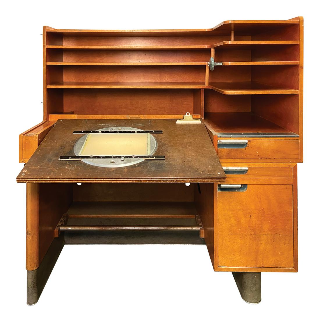 Walt Disney Studios Kem Weber Animator: (Weber, c.1938) An exceptionally rare original animator's desk from the Walt Disney Studios in Burbank. Walt Disney enlisted renowned German designer Kem Weber to design virtually every aspect of his