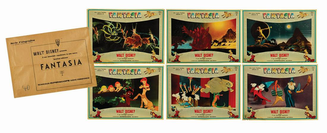 Collection of (6) Fantasia Italian Photobustas.: (Disney, 1950s) A collection of (6) Italian "photobustas" used to promote a 1950s theatrical rerelease of Fantasia. The color posters feature illustrated borders framing scenes from the film, includin