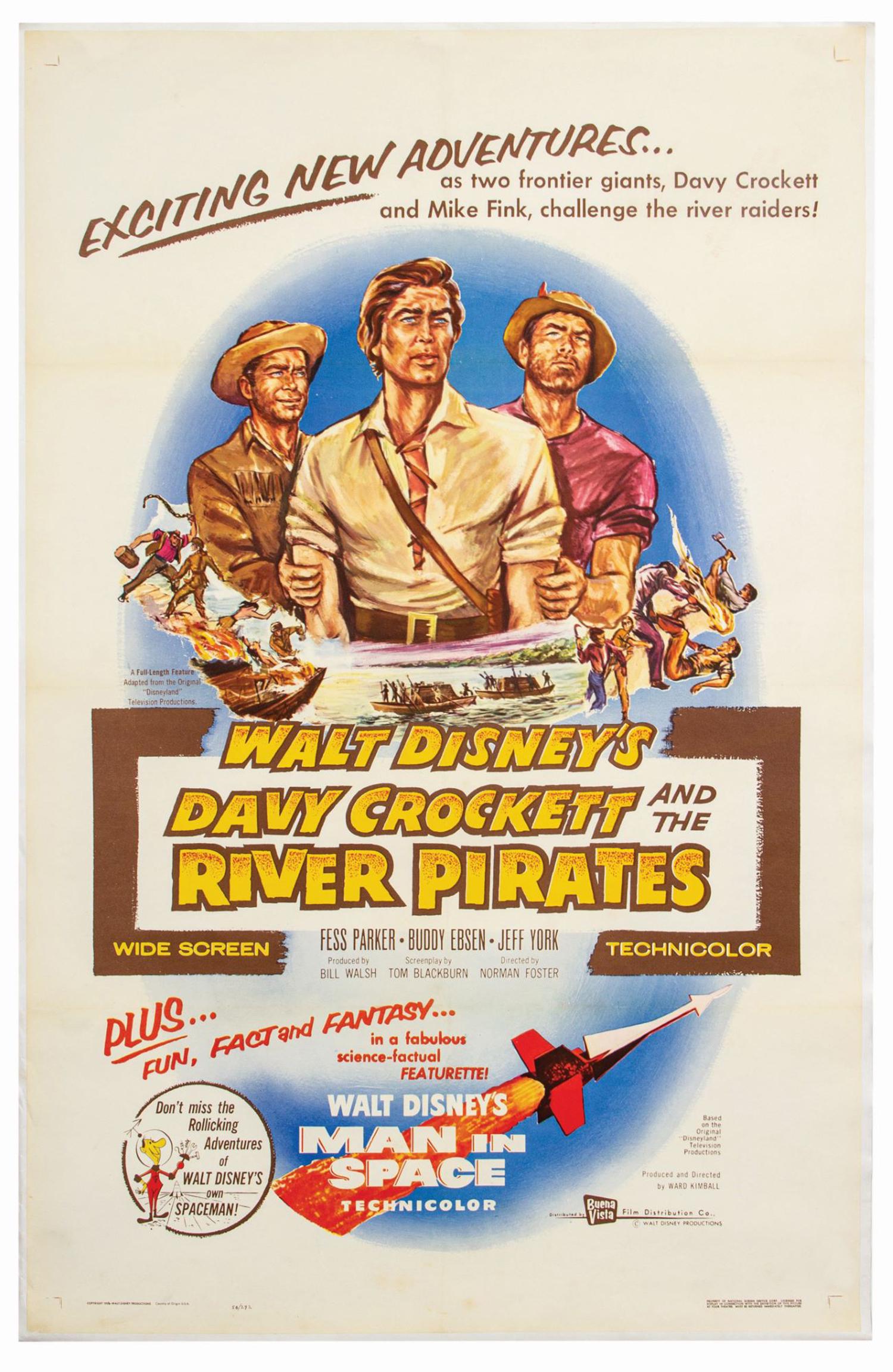 Davy Crockett and the River Pirates One Sheet Poster.: (Disney, 1956) A vintage U.S. one sheet poster for the Fess Parker adventure film, Davy Crockett and the River Pirates. Also billed with the feature is the animation and live action documentary short 