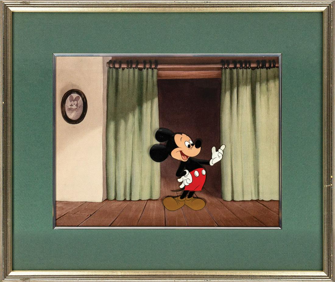 Original Mickey Mouse Production Cel.: (Disney, c.1950s) A production cel of Mickey Mouse used during the creation of the Walt Disney's Disneyland television show. The cel has been trimmed to the image and placed over a printed reproductio
